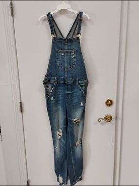 Sneak Peek Distressed Denim Overalls Size Medium Blue Jean Bib Jumpsuit
